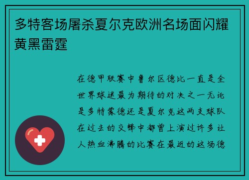 多特客场屠杀夏尔克欧洲名场面闪耀黄黑雷霆
